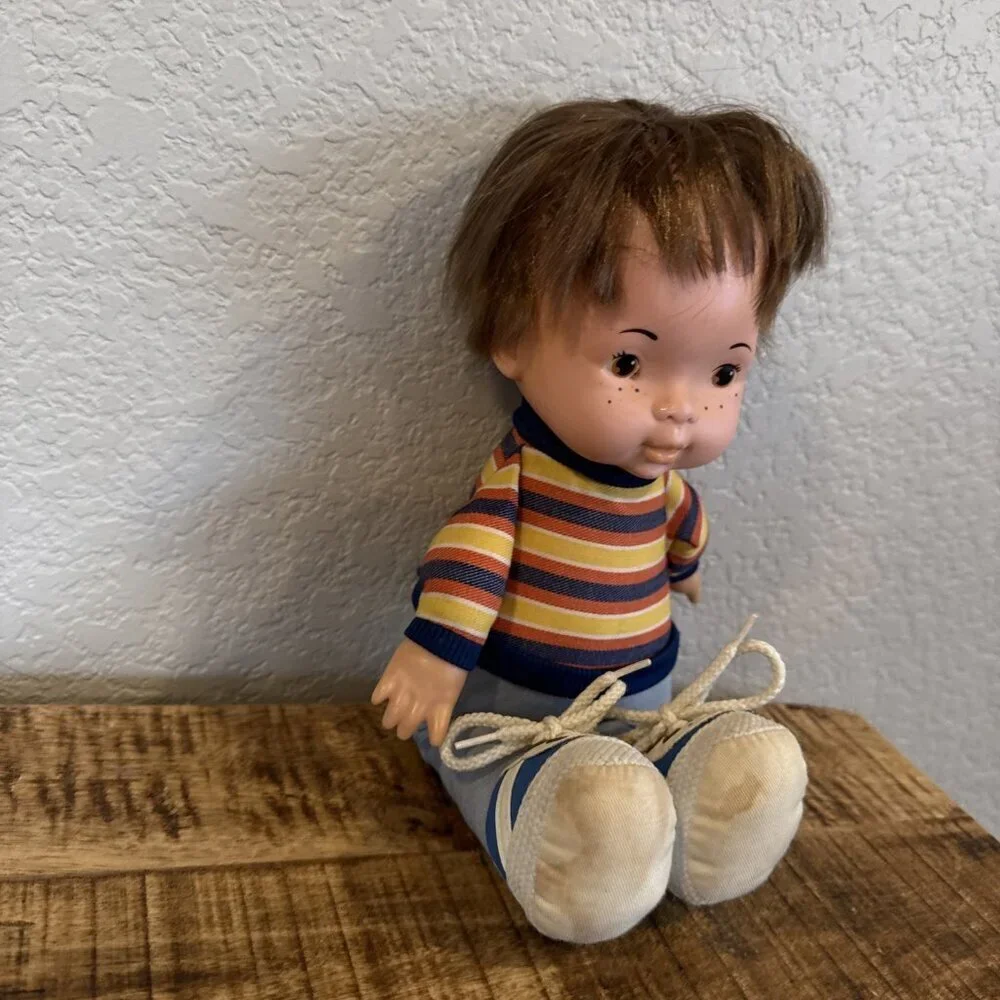 1974 Vintage Fisher Price Joey Lapsitter Doll #206 Tie Shoe Laces Striped Shirt